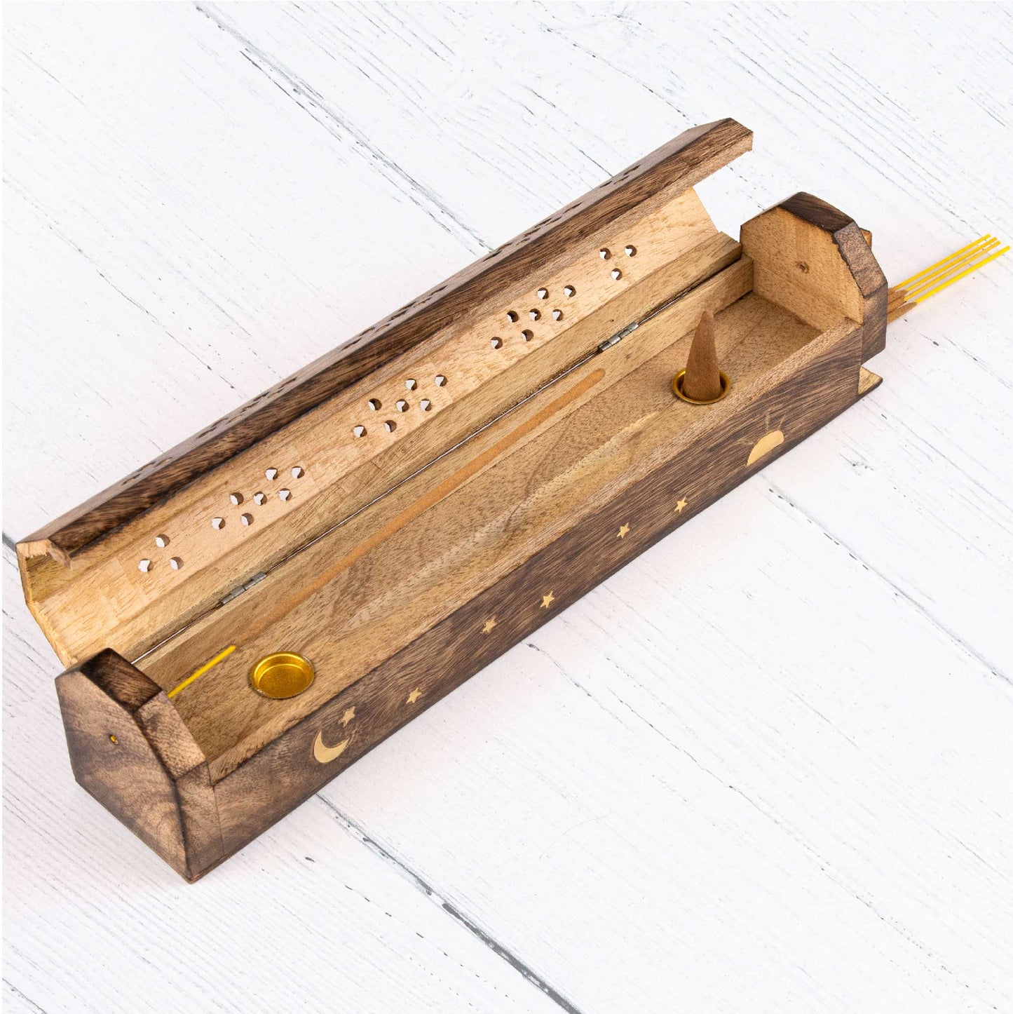 Wooden Incense Box - Moon, Stars and Sun Ray