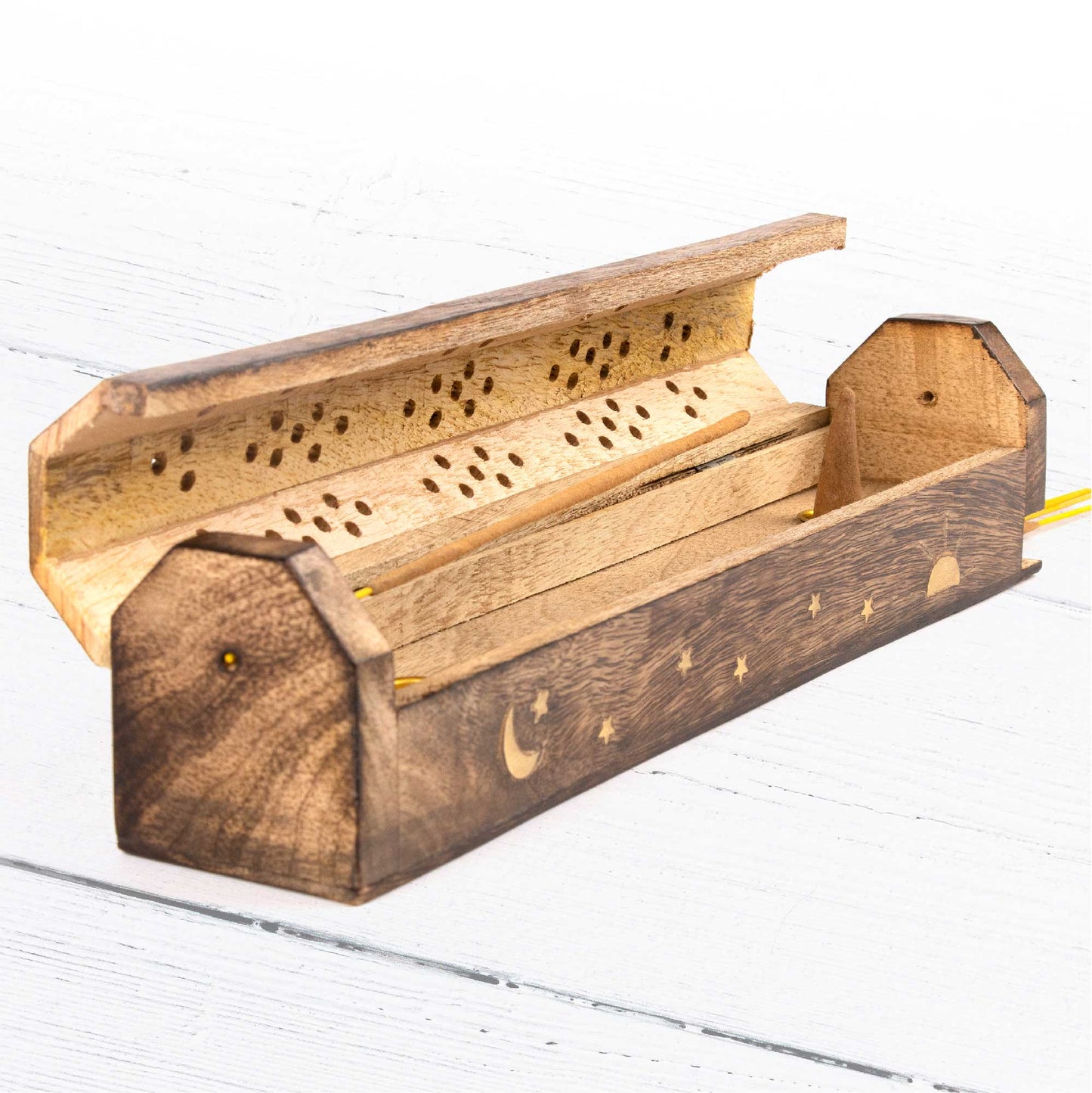 Wooden Incense Box - Moon, Stars and Sun Ray