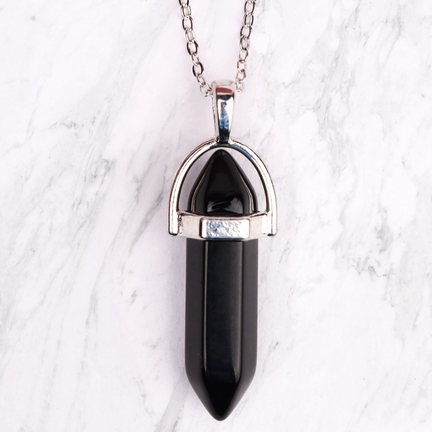 Silver Plated Necklace - Obsidian Pendant