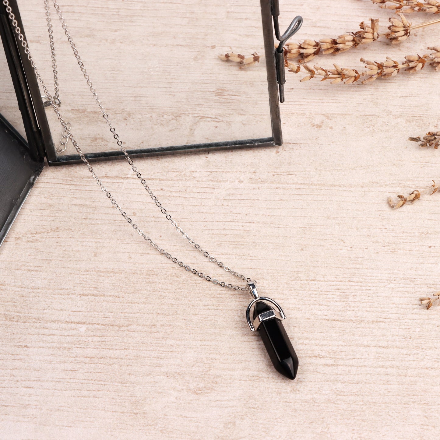 Silver Plated Necklace - Obsidian Pendant