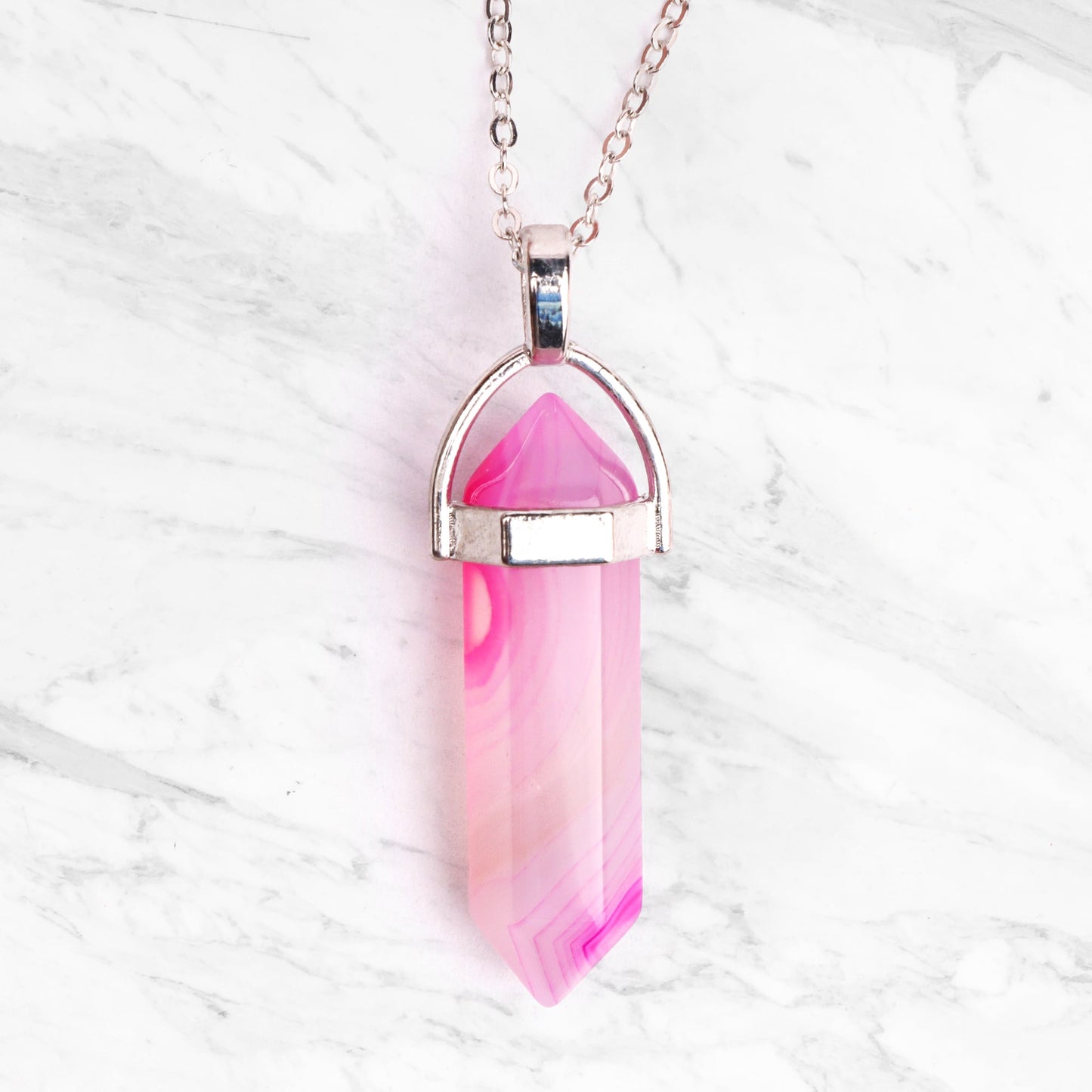 Silver Plated Necklace - Pink Agate Pendant