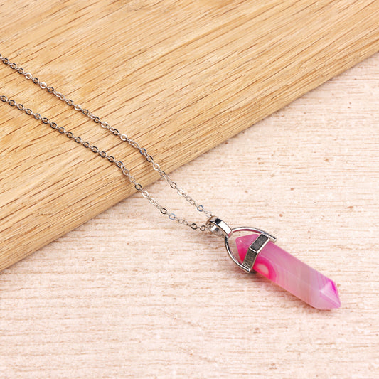 Silver Plated Necklace - Pink Agate Pendant