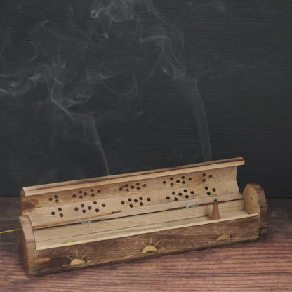 Wooden Incense Box - Moon, Stars and Sun Ray