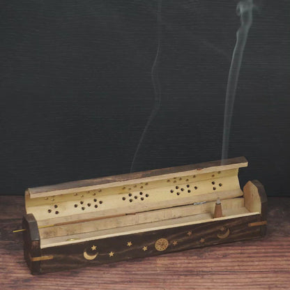 Wooden Incense Box - Crescent Moon, Stars and Sun