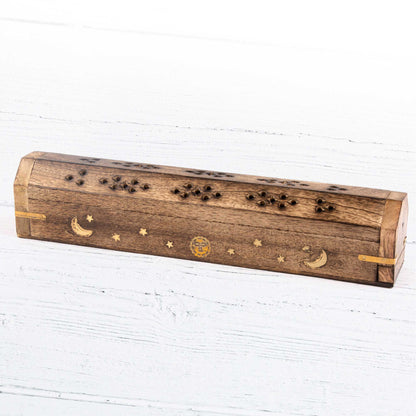 Wooden Incense Box - Crescent Moon, Stars and Sun