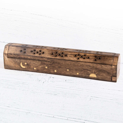 Wooden Incense Box - Moon, Stars and Sun Ray